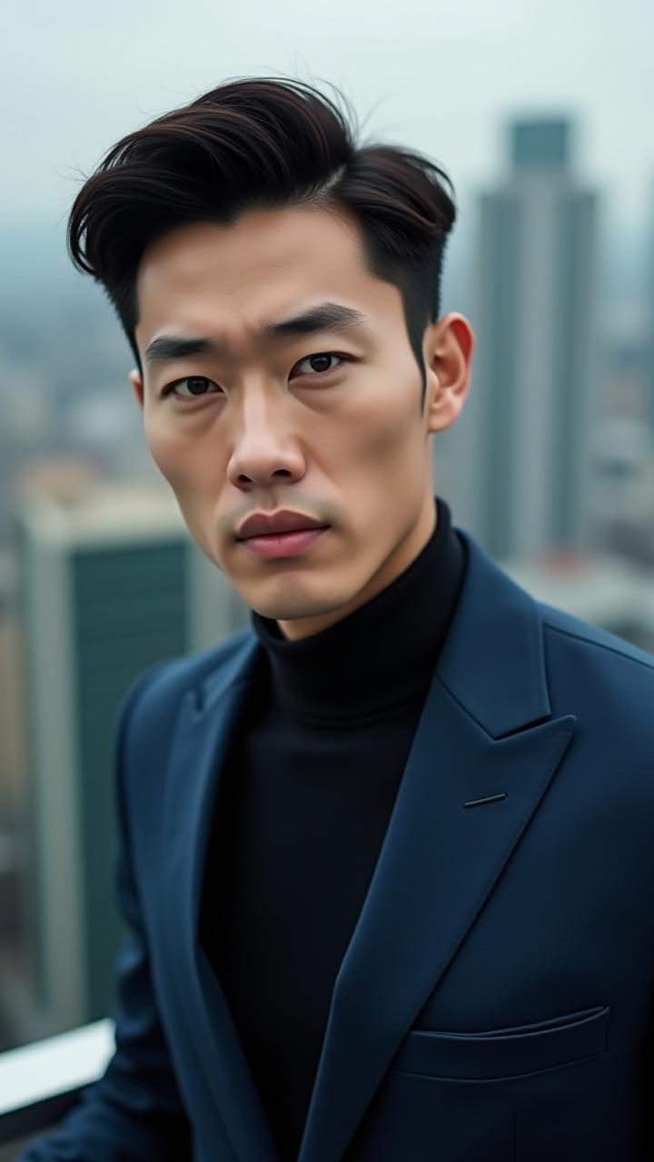 
      정교한 수트를 입은 모델이 현대적인 서울 도심을 배경으로 서 있는 모습